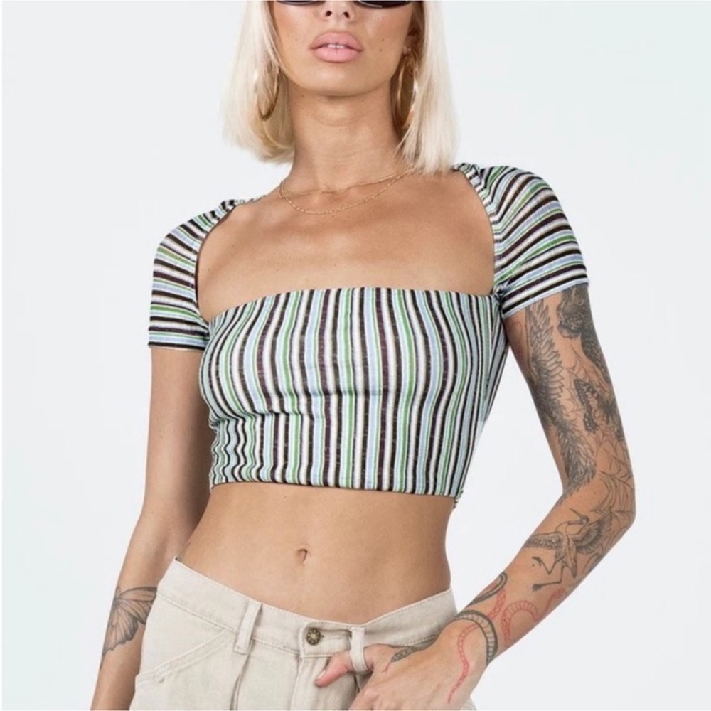 Princess Polly Square Neck Striped Stretch Crop Top Short Sleeve Size 6